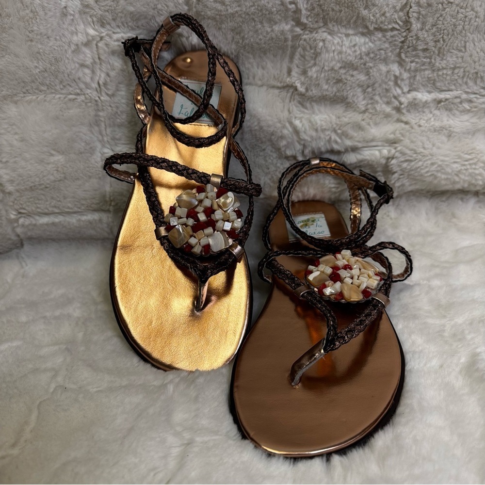 Loulou de la Falaise Sandals Size 7.5 Ankle Strap Gold Shell Embellishment NWOT